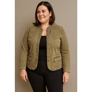 Ralph Lauren RLR Stretch Denim Jacket Camel SZ 16 Sheep Leather Trim Mandarin
